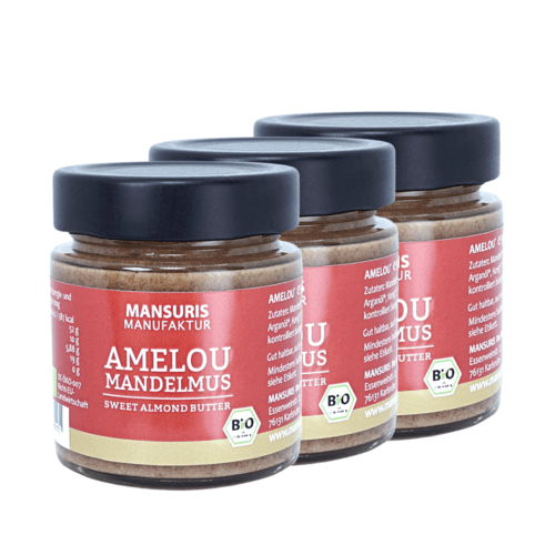 Amelou Bio Mandelmus 3x130g – Marokkanischer Mandelaufstrich mit Arganöl & Honig - MANSURIS