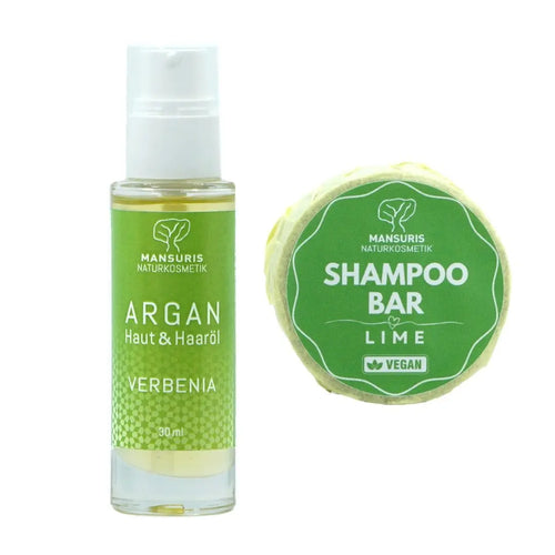 Argan Körperöl Verbene 30ml + Shampoo Bar Lime 70g - MANSURIS