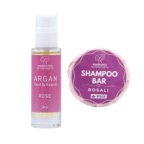 Argan Körperöl Rose 30ml + Shampoo Bar Rosali 70g - MANSURIS
