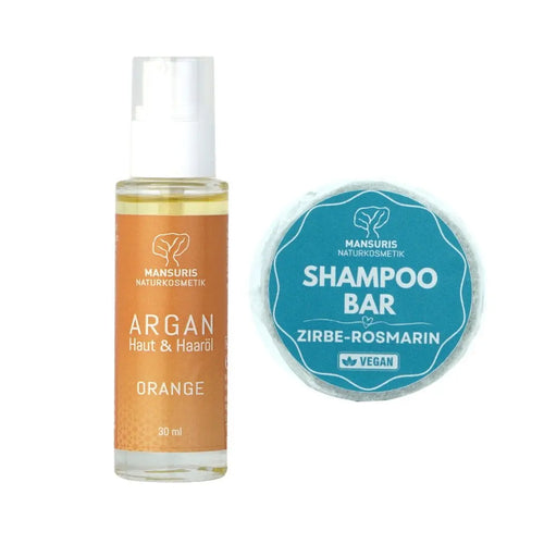 Argan Körperöl Orange 30ml + Shampoo Bar Waldfrucht 70g - MANSURIS
